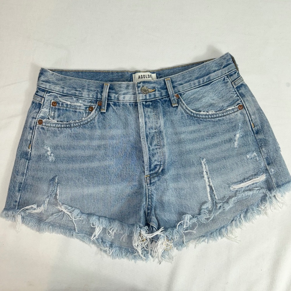 AGOLDE Parker Denim Shorts Distressed Frayed Hem Light Wash Button‎ Fly Size 28